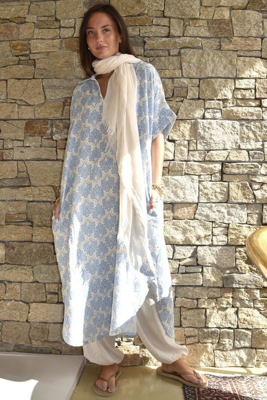 Royal Palm Pillow Cotton Dress Blue 
